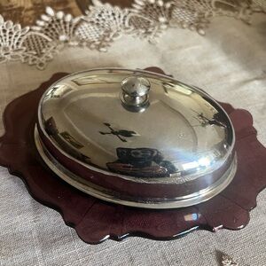 Butter Dish with Deep Burgundy Glass Base and silver top